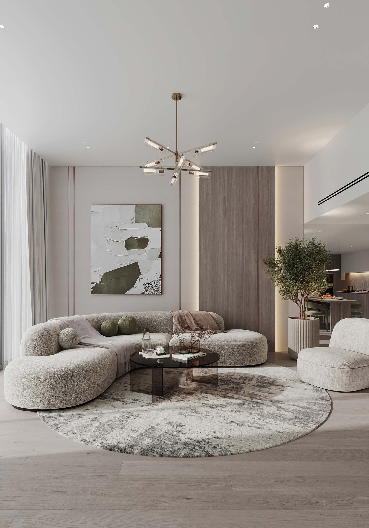 Cove By Imtiaz A modern living room featuring a curved sofa, round rug, a glass coffee table, and artistic wall decor.